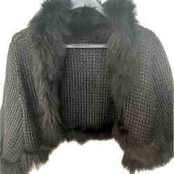 Black Rabbit Fur with Short Sleeve Shawl Poncho (Size 4-6) short type