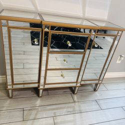 Elegant Mirrored Console Cabinet w/ Drawers - Champagne Gold Trim