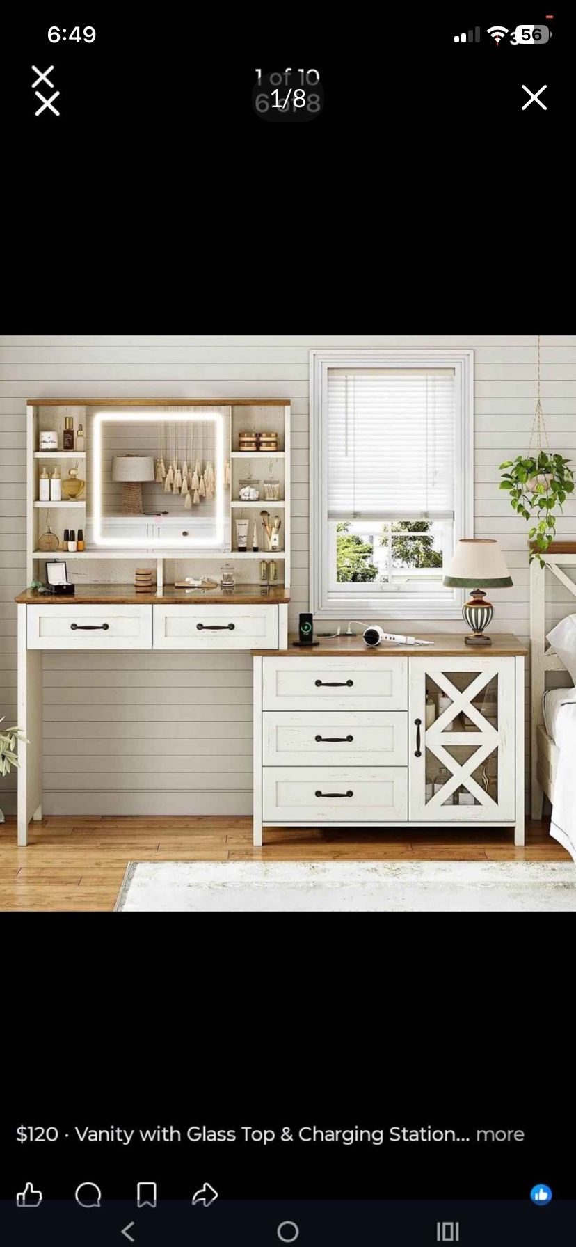 Farmhouse Vanity Desk with Lights & Power Strip Drawers Cabinets Brown