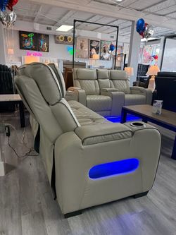 Gray Leather Power Recliner Sofa Set with LED