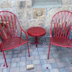 Red Chairs (4) With High Backs And Red Table