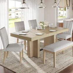 Inman 6-Piece Natural Plus Beige Extendable Wood Top Dining Table Set with Bench and Linen Upholstered Chairs
