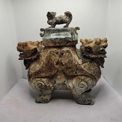 Vintage Hand Carved Chinese Soapstone Foo Dog Incense Burner Figurine Statue