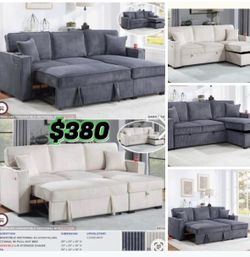 $380 . 2-P Convertible Sectional  Sleeper Sofa W/ Cupholder Sofa Storage & USB Ports  89”x 59”X36”H