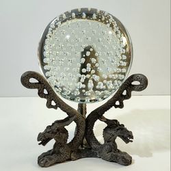Vtg. Handcrafted 4” Art Glass Crystal Ball in Dragon Pewter Stand, Floating Bubbles