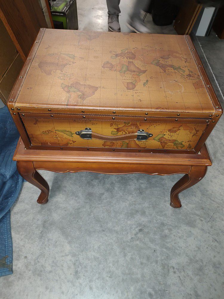Wood And Faux Leather World Map End Table