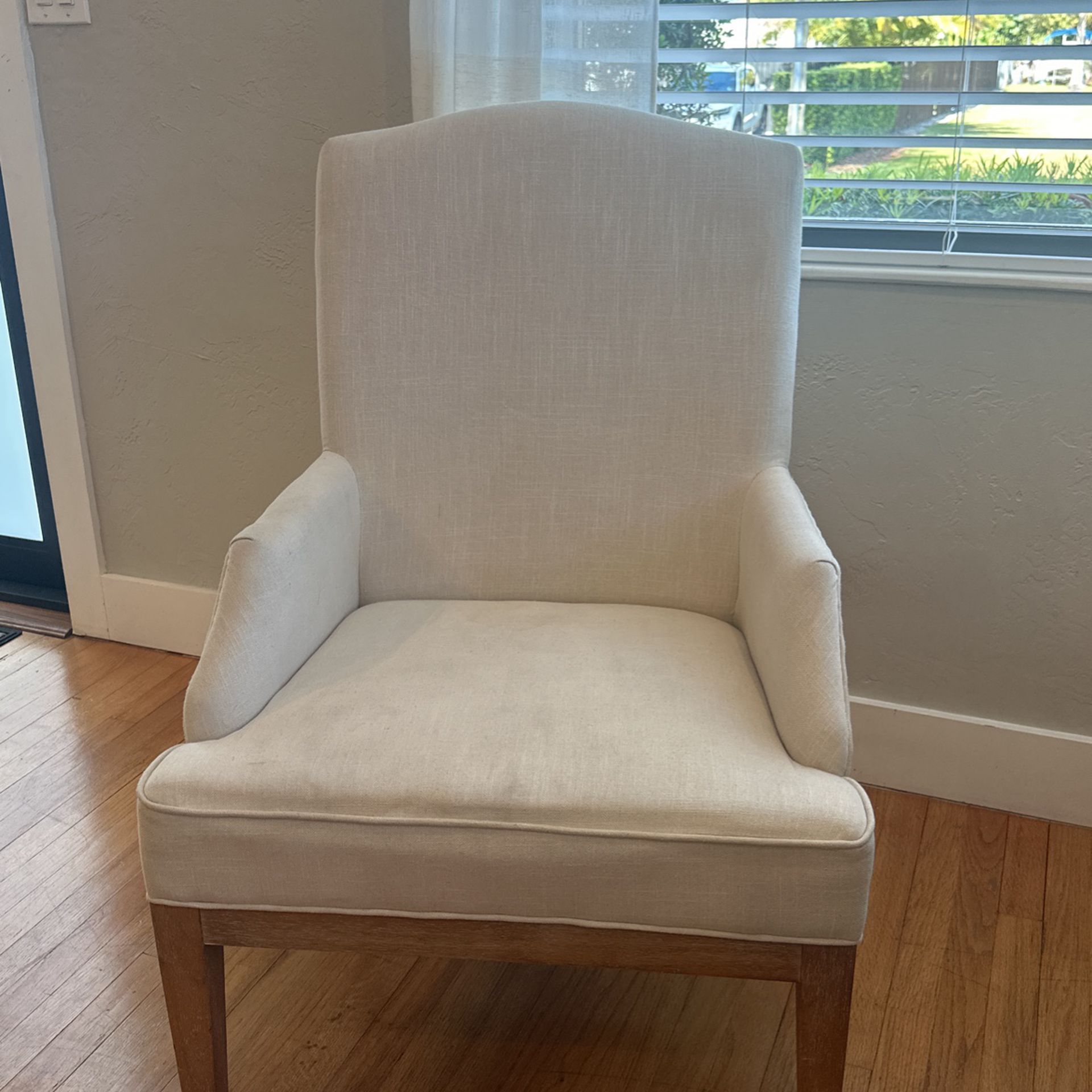 Beige Fabric Arm Chair With Wooden Base