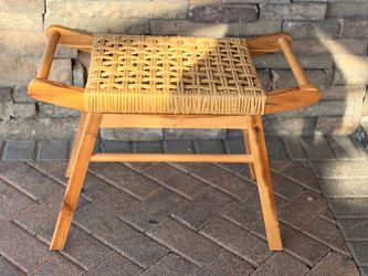 Boho Woven Rattan Footstool / Accent Stool – Solid Wood – Mid Century Modern