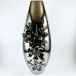 Silver Chrome Embossed Flower Detail Vase