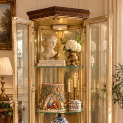 Vintage Hollywood Regency Hexagonal Gilded Curio Cabinet Pedestal Base 2 Glass Shelves Display Case 