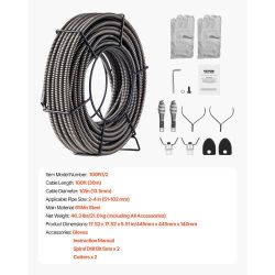 VEVOR Drain Cleaning Cable 100 Feet x 1/2 Inch Solid Core Cable Sewer Cable Drain Auger Cable Cleaner Snake Clog Pipe Drain Cleaning Cable Sewer Drain