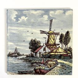 Delft’s Trivet Ceramic Tile Holland Windmill Bridge Hand Painted 6 x 6 Vintage
