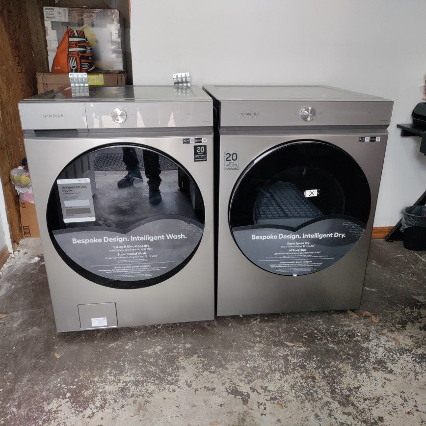 brand new Samsung bespoke stackable front load Platinum washer dryer with 20-year warranty