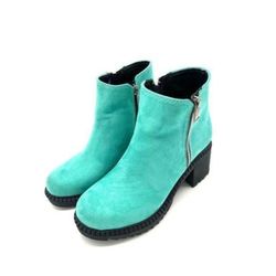 Turquoise Suede-Look Ankle Boots with Side Zippers, Size - 5