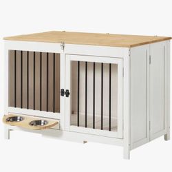 WH 39.4" Furniture-Style Dog Crate for Small & Medium Dogs - Foldable Wood Dog Kennel for Indoor/Outdoor Use, White
