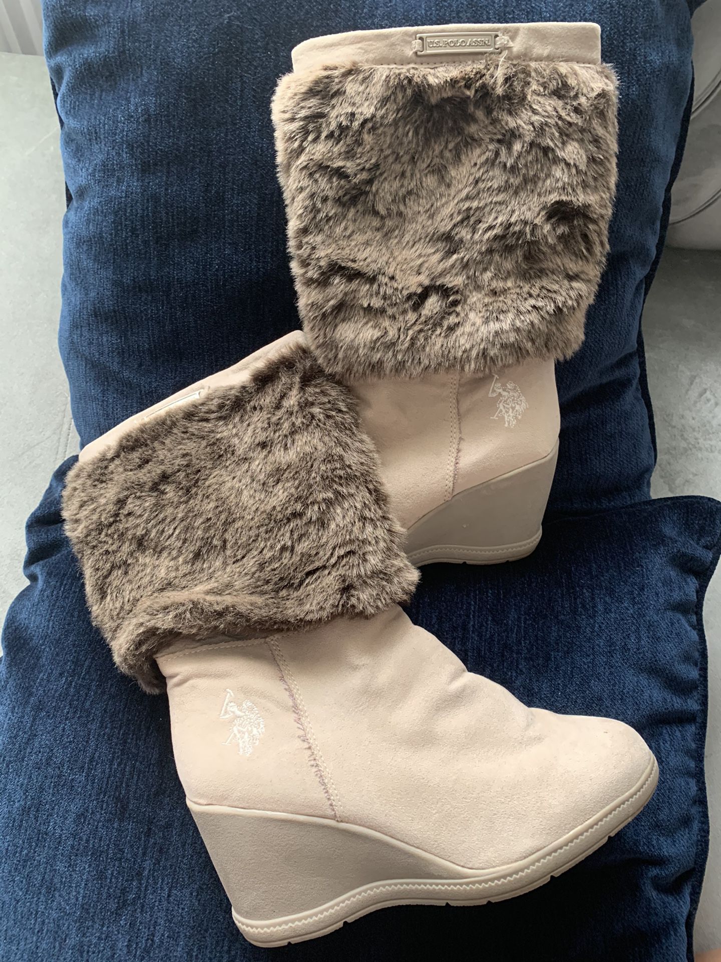 Boots, faux fur boots, u.s.polo boots, wedge heel boots, size 7