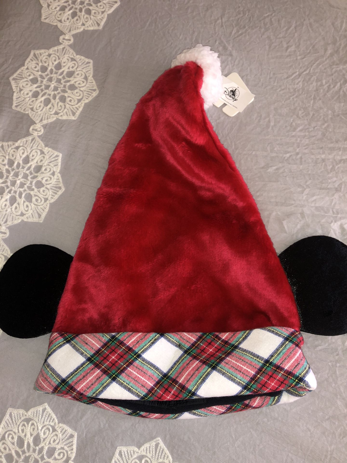 Disney Santa Hat W/ Mouse Ears - Mickey/Minnie Mouse Holiday Plaid Christmas