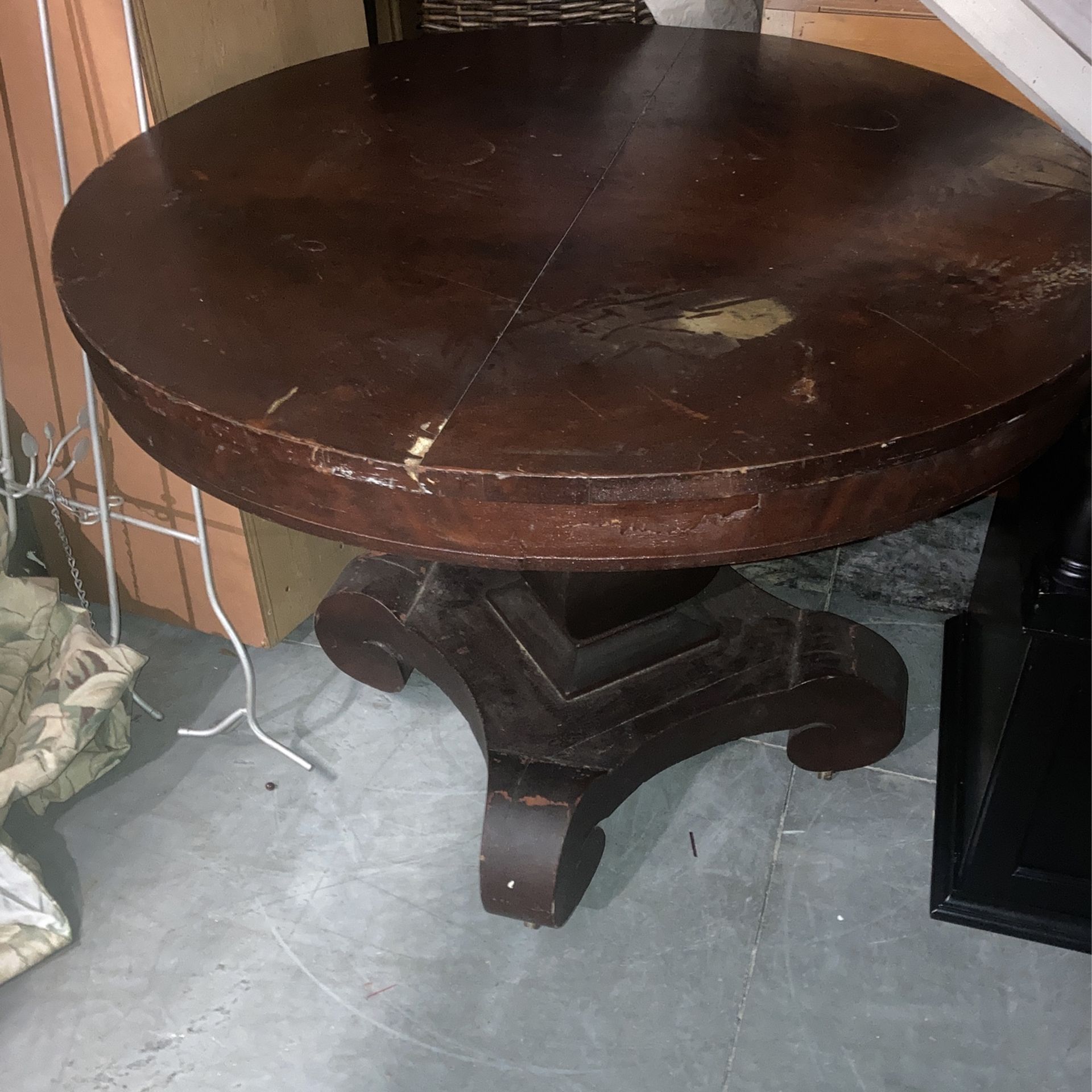 , antique Round pedestal table, Very old, has one chip and Wood
