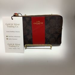 Gently Used Like New** Coach Corner Zip Wristlet Signature Canvas With Red Stripe 