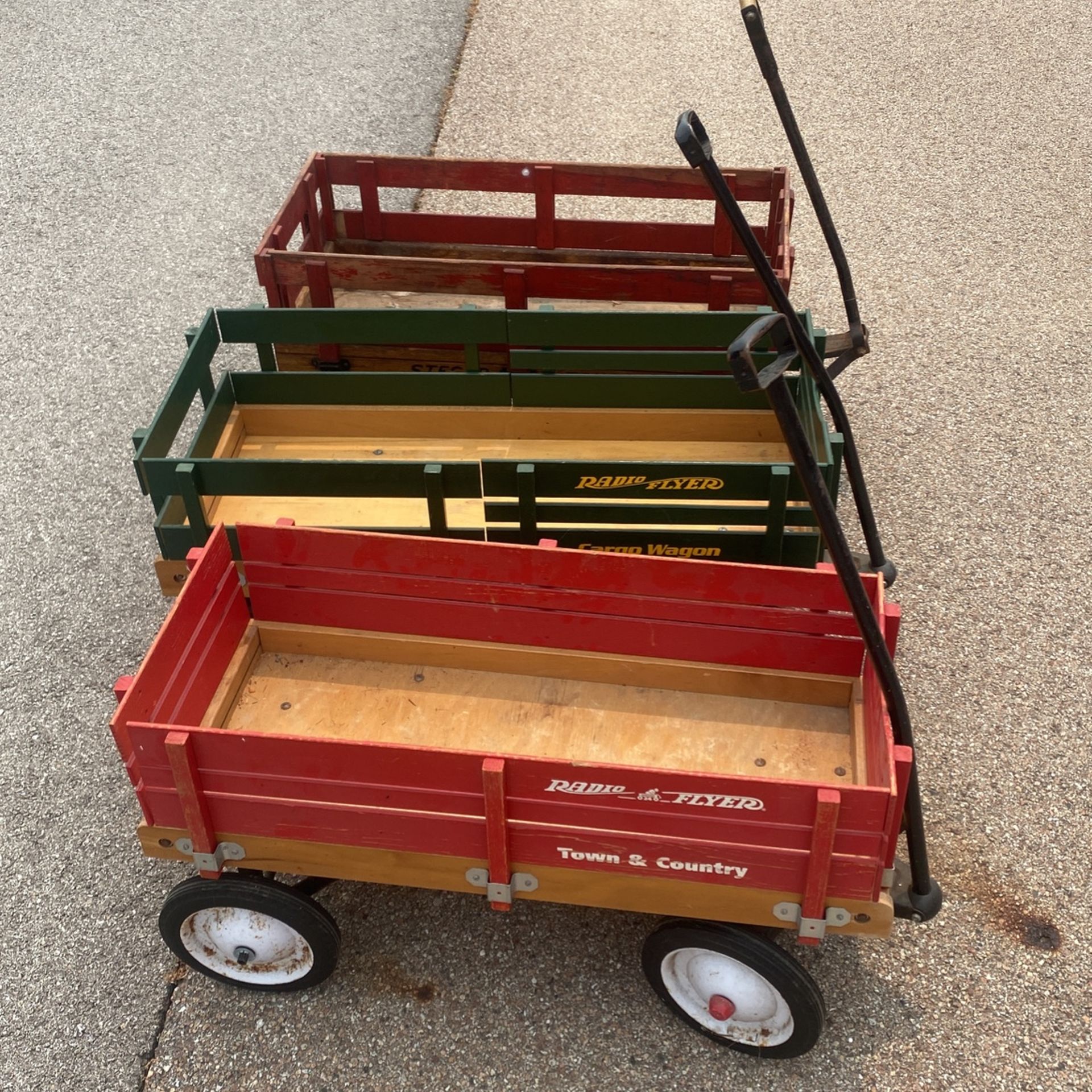 3 wooden wagons