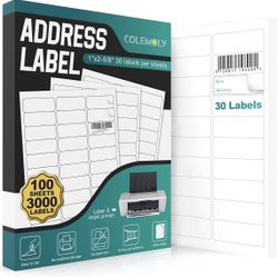 Address Labels 1"x2-5/8"' Stikcer Paper 30-UP 100 Sheets for Laser/Inkjet Printer Matte 3000 White Blank Printable Labels on 8.5x11 Inch for Mailing, 