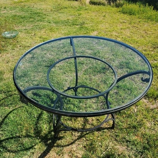Glass Top Wrought Iron Patio Table With Scrolled Legs