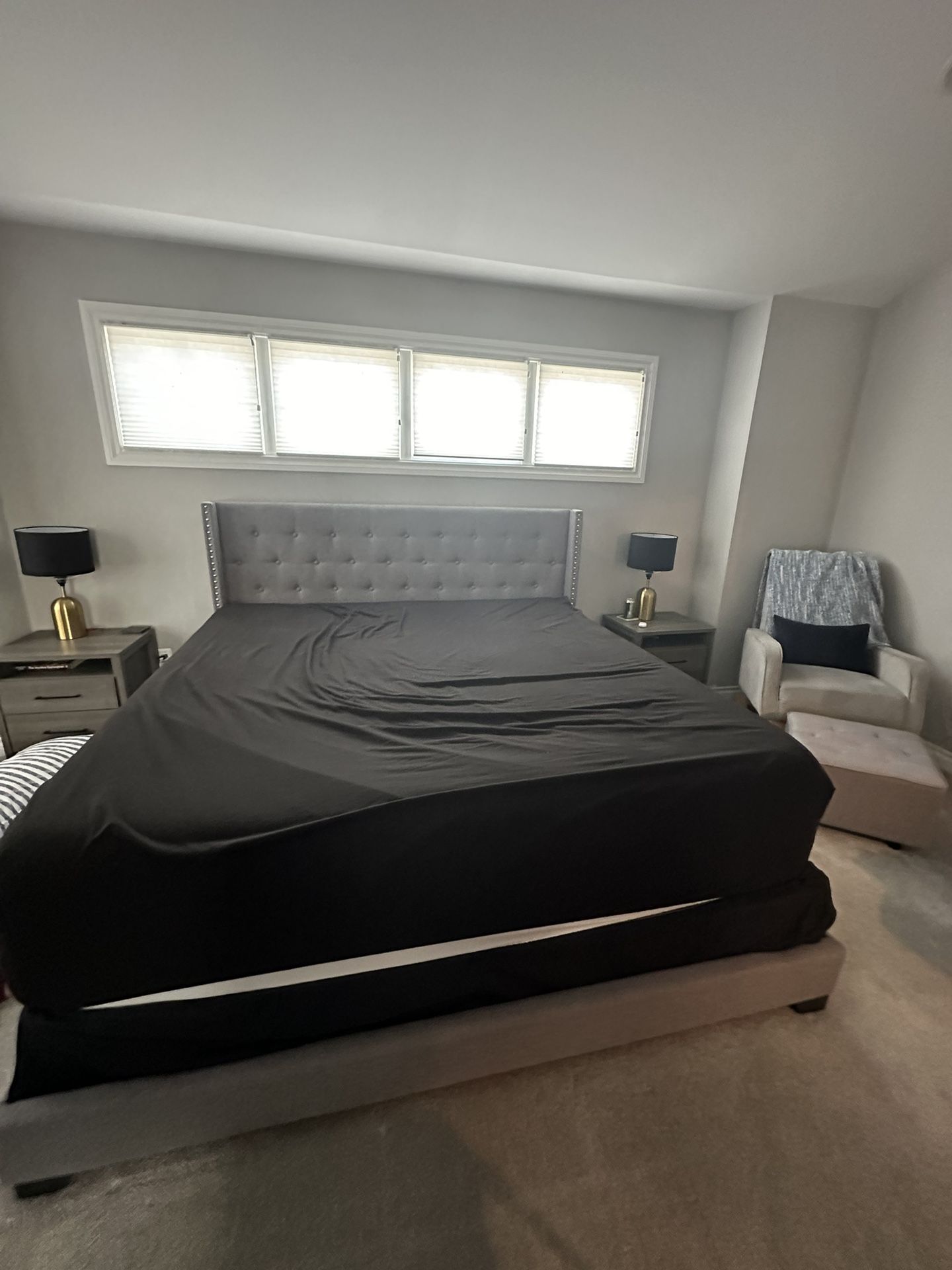 King size bed frame header and footer; 2 night stands, and box frame needed for topper matress.