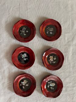 Set of 6 lacquered wood with Mother of Pearl Inlay Coasters
