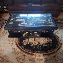 Oriental Black Lacquer Coffee Table And End Tables (×2) With Jade Stode Artwork
