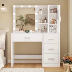 Vanity Desk with Mirror and Lights, Makeup Vanity with 4 Drawers