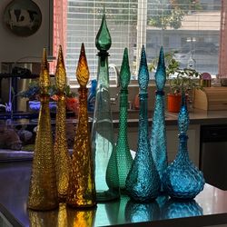 8 Vintage MCM Mid Century Modern Empoli Glass Genie Bottle Decanters