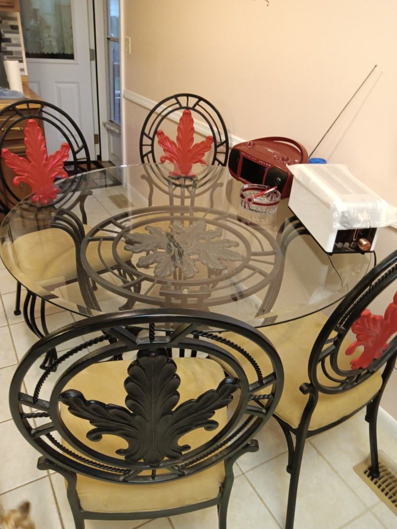 GLASS & WROUGHT IRON DINING TABLE WITH 4 CHAIRS