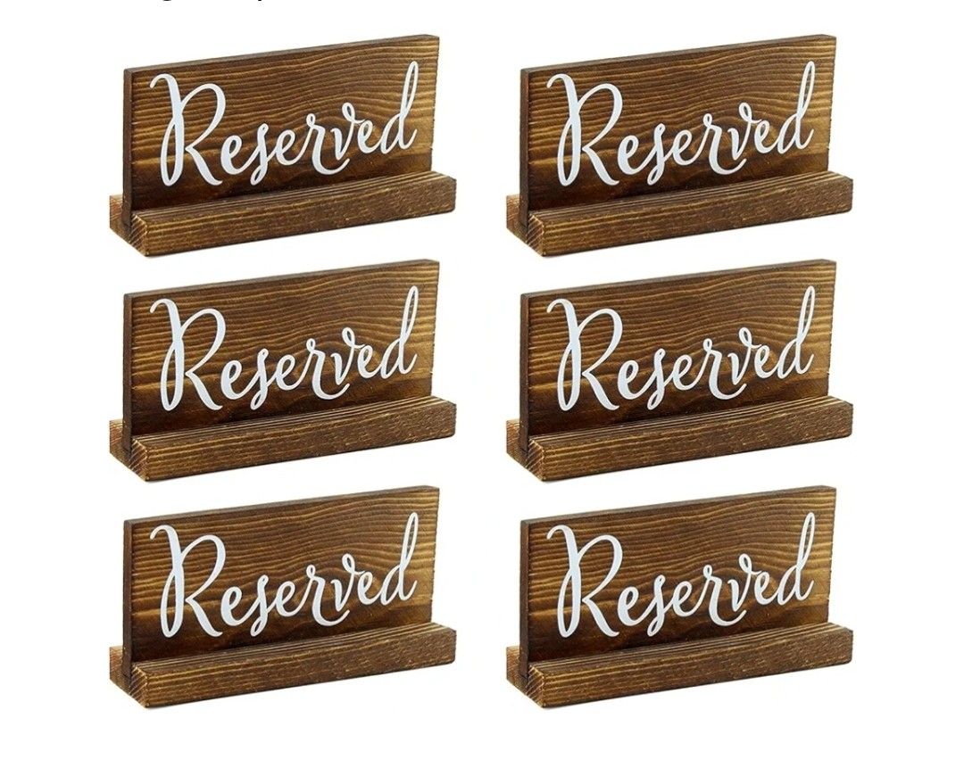 New Wooden Reserved Signs for Tables (6-Pack, Brown); Rustic Real Table Signs with Sign Holders for Weddings, Special Events, and Restaurant Use