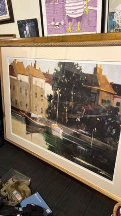 Large framed art signed numbered boats water 56x43 inches