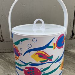 Vintage mod retro colorful salt water fish ice bucket (early 1970s) Bucket, handle and lid are plastic with a vinyl covering with different fish 
