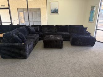 Large Black Corduroy Sectional Sofa with Ottoman
