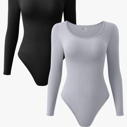 TOB Women's Bodysuits Sexy Ribbed Long Sleeve Round Neck Stretch Tops Bodysuits
