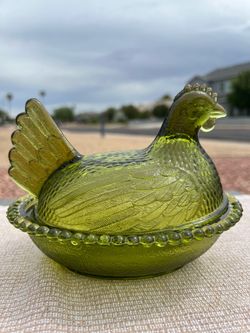 Vintage Olive Green Indiana Glass Hen on Nest 7” - Pristine Condition! Farmhouse MCM retro decor