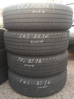 245/75/16 hankook set of used tires in great condition 70% tread 175$ for 4 . Installation balance and alignment available. Road force balance avail