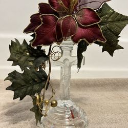 Glass Crucifix Pillar Candle Holder With Silk Christmas Poinsettia Flower