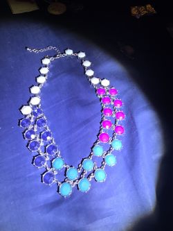 Ann Taylor double-strand jewel-tone colorblock statement bib necklace.