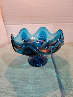 Vintage MCM Viking Bluenique pedestal glass dish