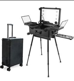 COYEUX Estuche profesional de maquillaje rodante, 3 en 1, estuche de maquillaje de aluminio con cerradura profesional, con luz LED y pata de soporte,