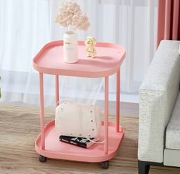 Side Table with Wheels, 2-Tier End Table Small Night Stand