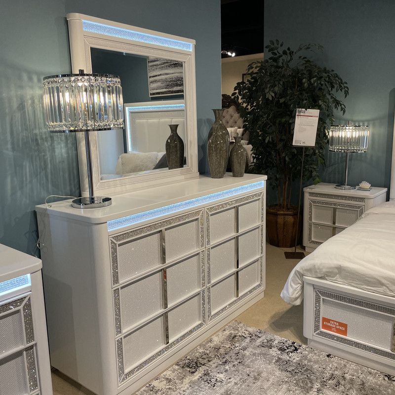 White Dresser built-in LED lighting and rhinestone-framed drawers