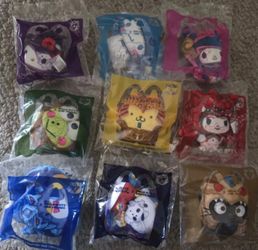 MCDONALD'S 2024 PLUSH TOYS YU-GI-OH / HELLO KITTY. COMPLETE SEALED SET OF 9 TOYS.