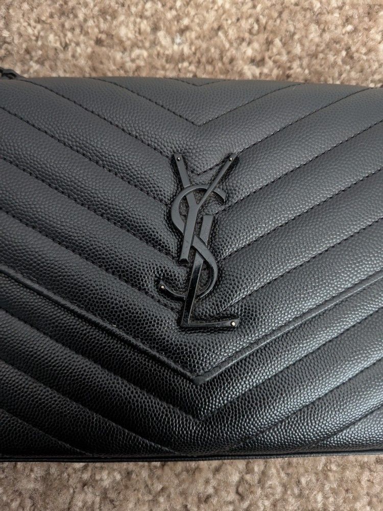 Yves Saint Laurent Cassandre Long Wallet Black Leather with YSL Crossbody Chain