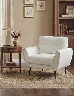 Accent Chairs , Comfy Modern Living Room Chair White Faux Leather Reading Accent Chairs Tufted Mid Century Arm Chair Small Salon Chairs(AP12)