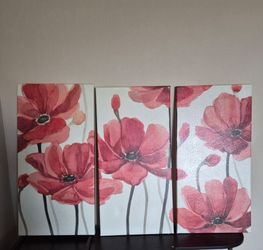 Set of 3 Red Floral Canvas Wall Art – 11” x 21” Each