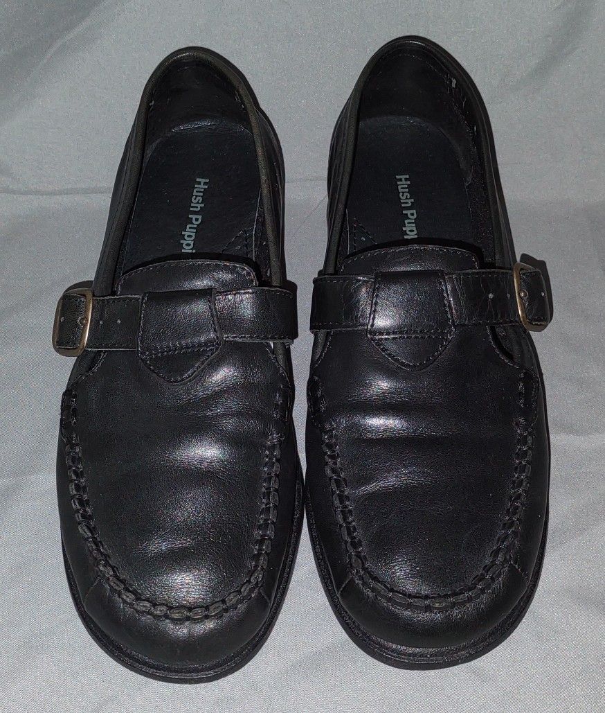 Hush Puppies Black Leather Slip On Loafers With Buckle Women's 6.5